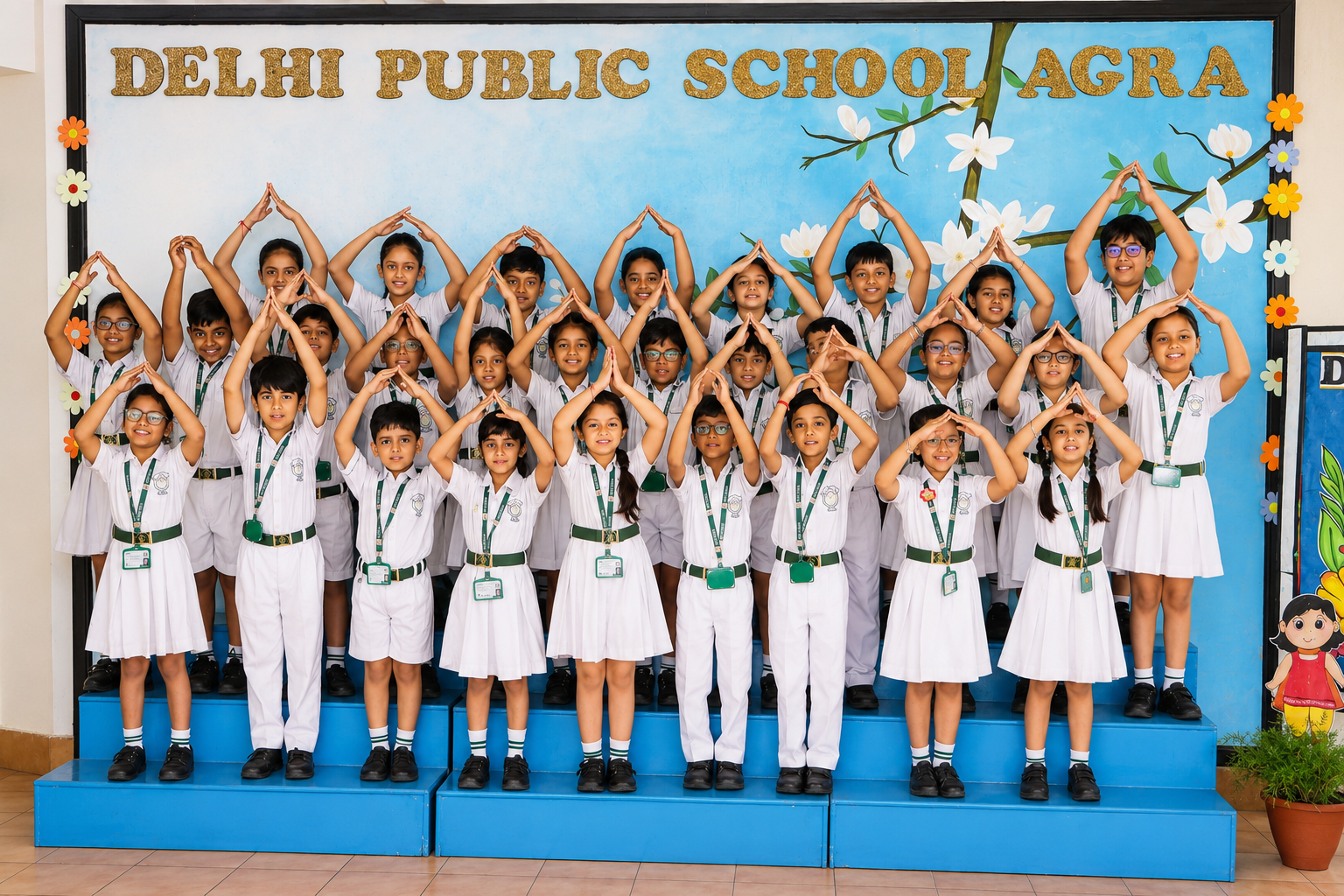 Delhi Public School Agra students posing together to form the school's crescent emblem